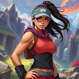 In the DnD art style, a young Latina is depicted in stylish athletic wear, showcasing her dynamic and sporty appearance