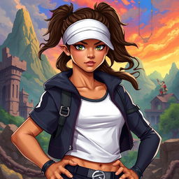 In the DnD art style, a young Latina is depicted in stylish athletic wear, showcasing her dynamic and sporty appearance