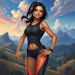 In the DnD art style, a young Latina is portrayed in sleek athletic wear, embodying strength and agility