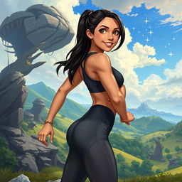 In the DnD art style, a young Latina is portrayed in sleek athletic wear, embodying strength and agility