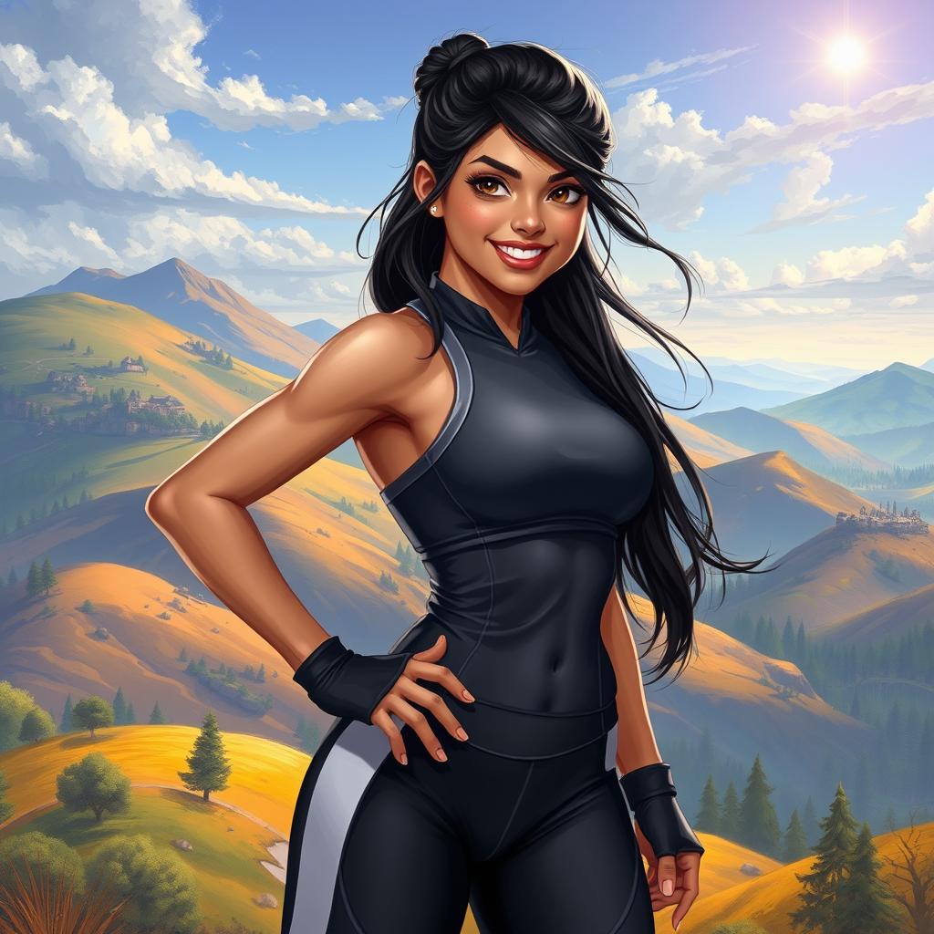 In the DnD art style, a young Latina is portrayed in sleek athletic wear, embodying strength and agility