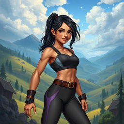 In the DnD art style, a young Latina is portrayed in sleek athletic wear, embodying strength and agility