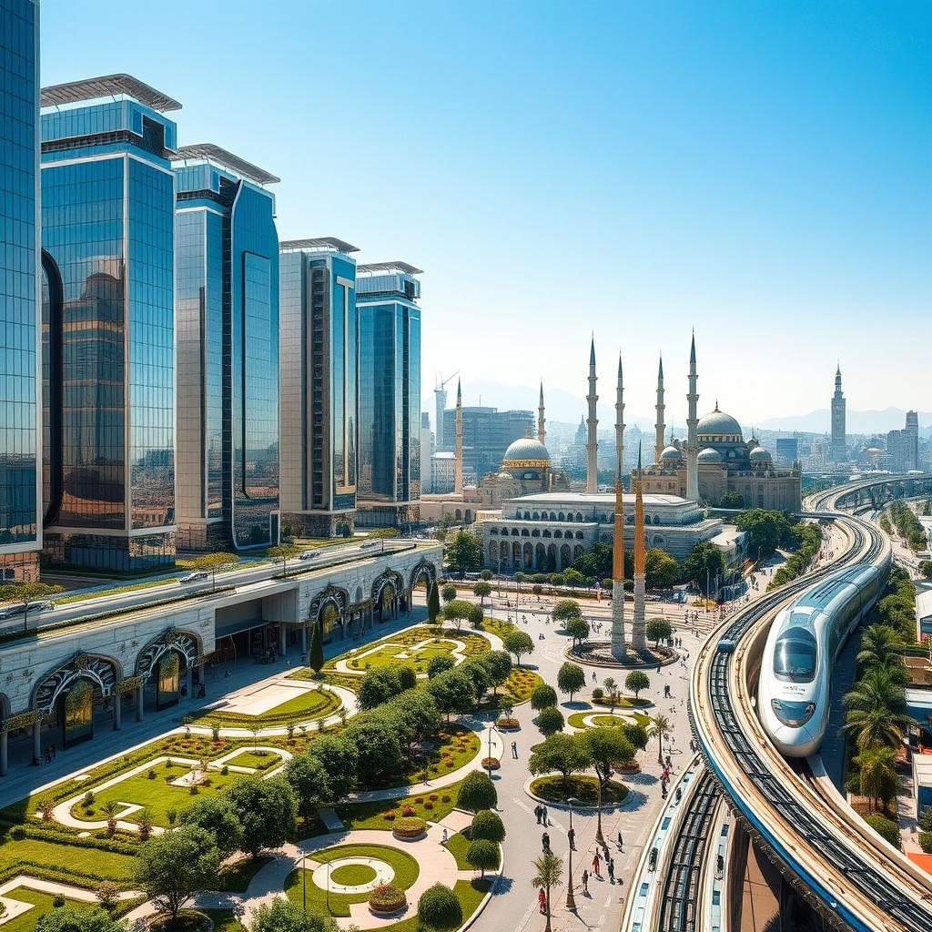 A vibrant and futuristic cityscape of Qom, Iran, showcasing advanced architecture blending traditional Persian elements with ultra-modern designs