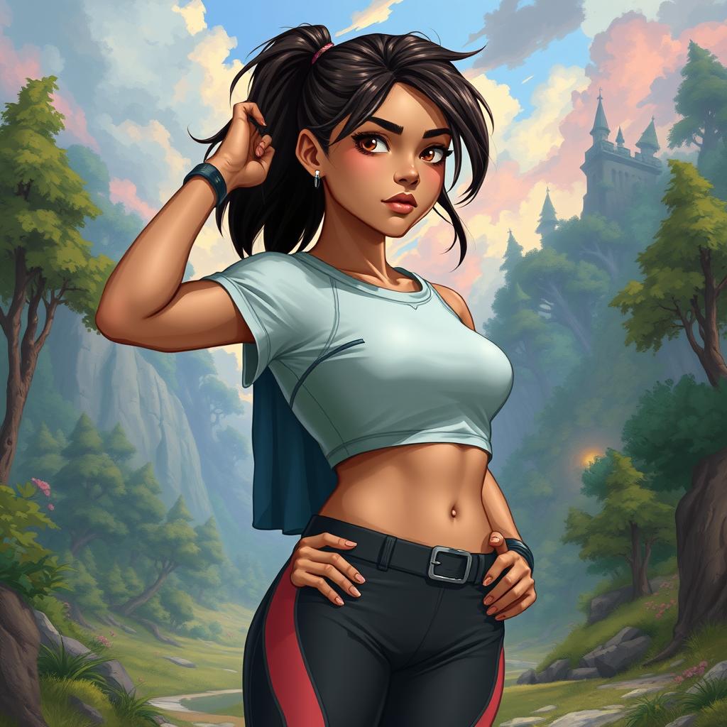 In the DnD art style, a young Latina is portrayed in athletic wear that showcases her athleticism and confidence