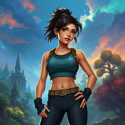 In the DnD art style, a young Latina is portrayed in athletic wear that showcases her athleticism and confidence