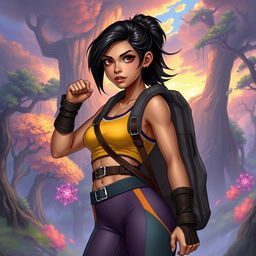 In the DnD art style, a young Latina is portrayed in athletic wear that showcases her athleticism and confidence