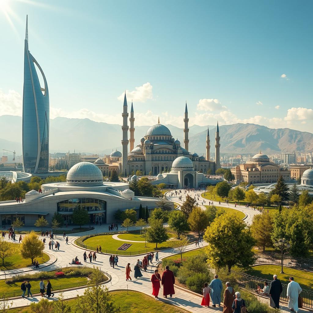 A futuristic vision of Qom Province in Iran, showcasing a harmonious blend of traditional architecture with modern technology