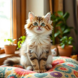A cute fluffy cat sitting playfully on a colorful patterned cushion, with bright green eyes and a playful expression
