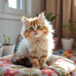 A cute fluffy cat sitting playfully on a colorful patterned cushion, with bright green eyes and a playful expression