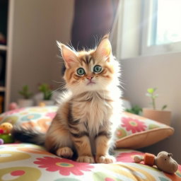 A cute fluffy cat sitting playfully on a colorful patterned cushion, with bright green eyes and a playful expression