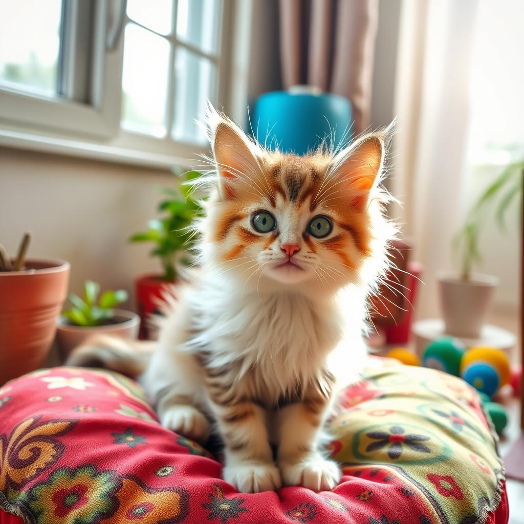 A cute fluffy cat sitting playfully on a colorful patterned cushion, with bright green eyes and a playful expression
