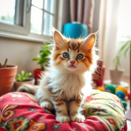 A cute fluffy cat sitting playfully on a colorful patterned cushion, with bright green eyes and a playful expression
