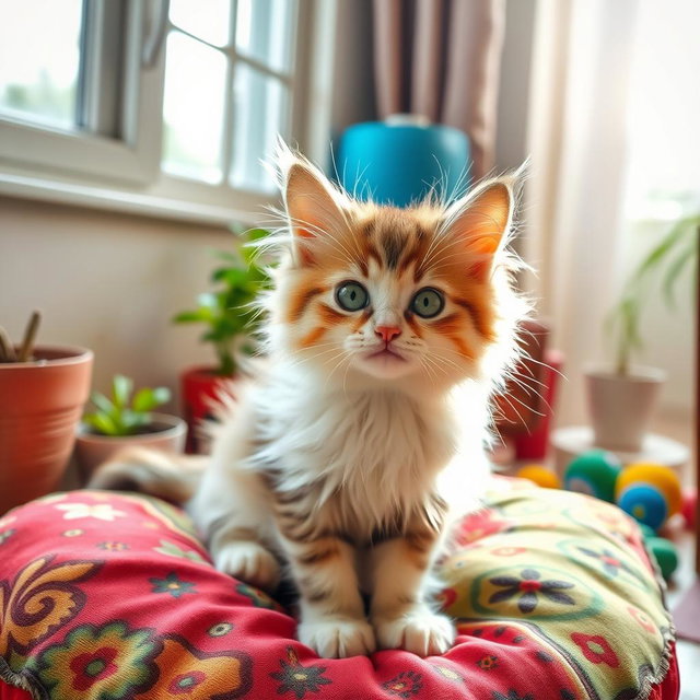 A cute fluffy cat sitting playfully on a colorful patterned cushion, with bright green eyes and a playful expression