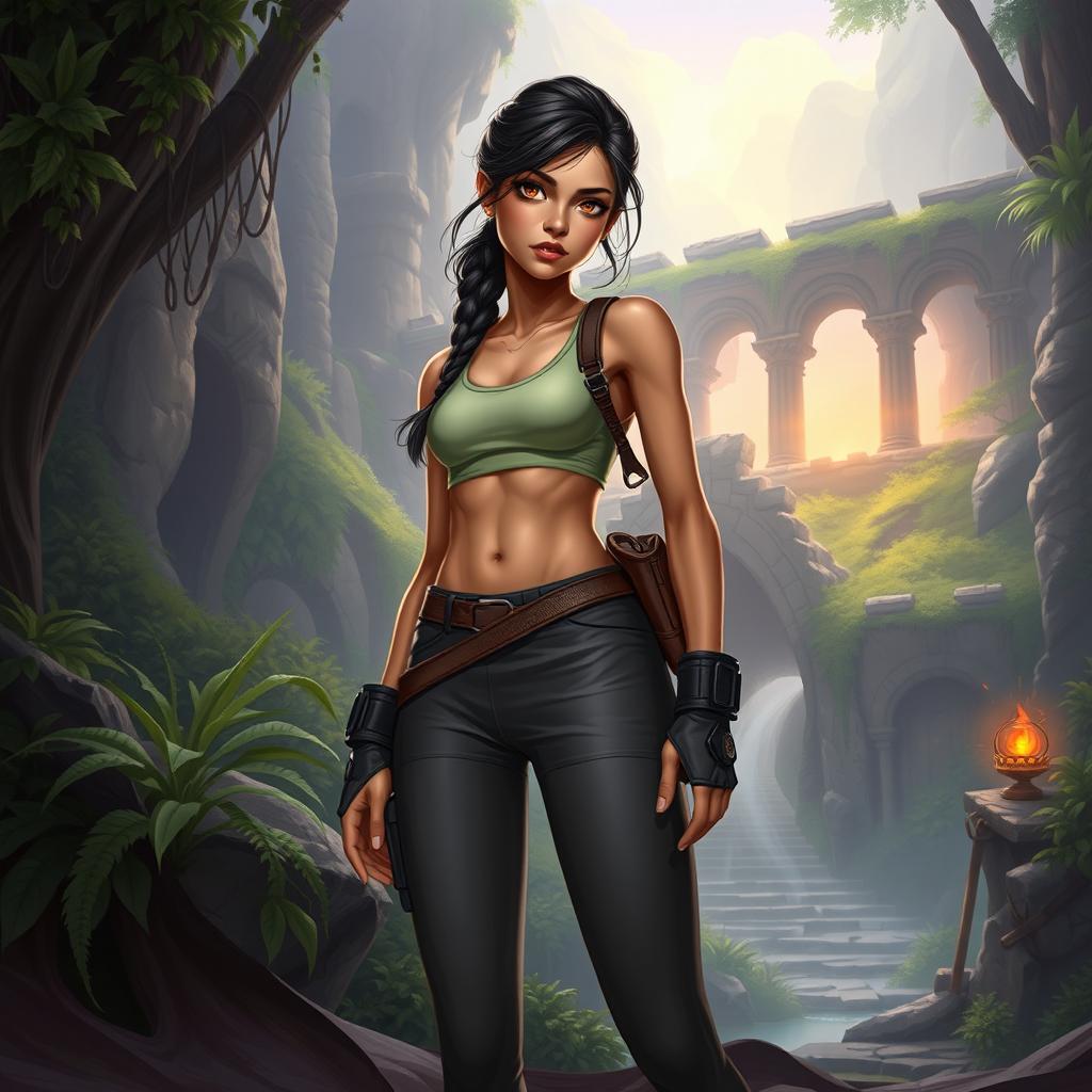 In the DnD art style, a thin young adult Latina is illustrated in stylish athletic wear that emphasizes her lean physique and agility