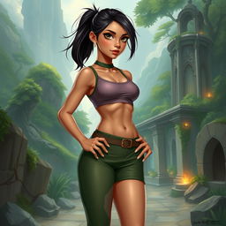 In the DnD art style, a thin young adult Latina is illustrated in stylish athletic wear that emphasizes her lean physique and agility