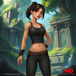 In the DnD art style, a thin young adult Latina is illustrated in stylish athletic wear that emphasizes her lean physique and agility