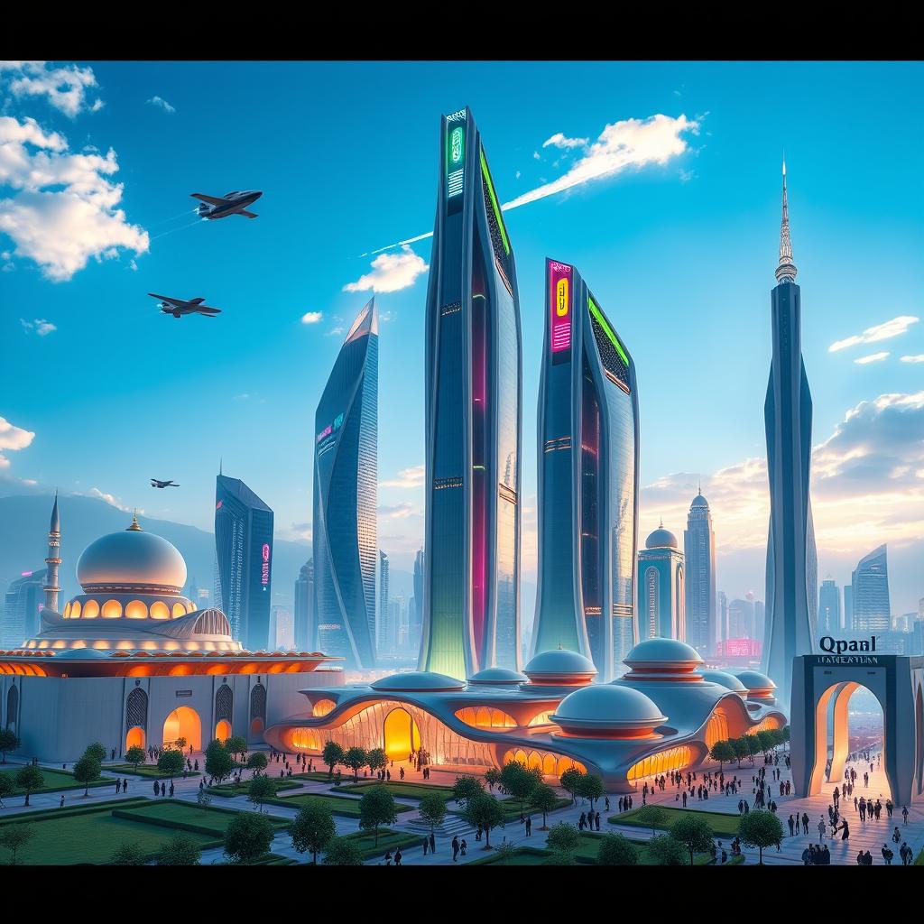 A futuristic cityscape of Qom, Iran, showcasing advanced architecture with a blend of traditional Persian design elements