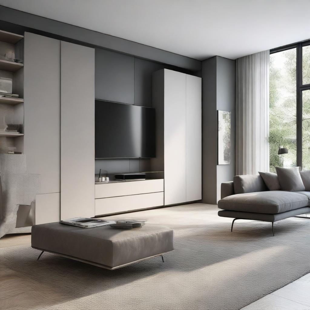 A modern living room with a large, sleek TV mounted on a 260 cm long wall. On the right, there's a stylishly designed 180 cm tall closet.