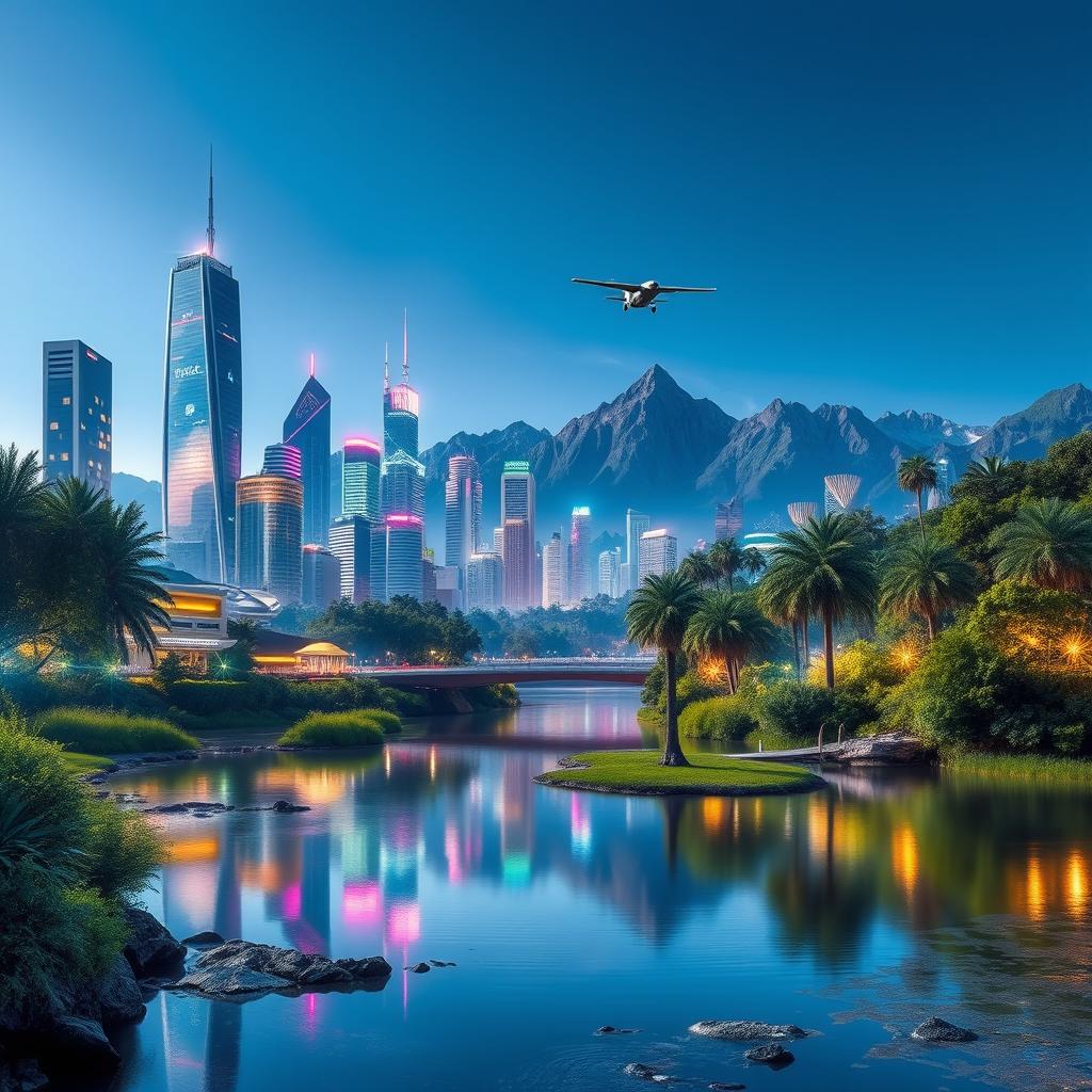 A striking image combining elements of a futuristic cityscape and a serene natural landscape