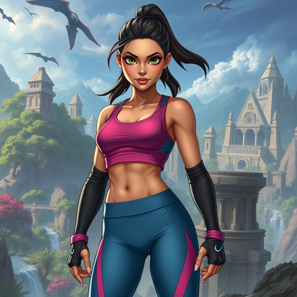 In the DnD art style, a thin young adult Latina is illustrated in stylish athletic wear that highlights her lean and athletic physique
