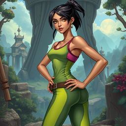 In the DnD art style, a thin young adult Latina is illustrated in stylish athletic wear that highlights her lean and athletic physique