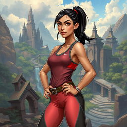 In the DnD art style, a thin young adult Latina is illustrated in stylish athletic wear that highlights her lean and athletic physique
