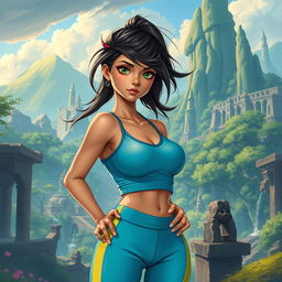 In the DnD art style, a thin young adult Latina is illustrated in stylish athletic wear that highlights her lean and athletic physique
