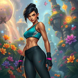 In the DnD art style, a thin young adult Latina is depicted in sleek athletic wear that highlights her fit and agile form