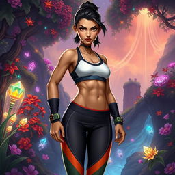 In the DnD art style, a thin young adult Latina is depicted in sleek athletic wear that highlights her fit and agile form