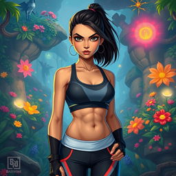 In the DnD art style, a thin young adult Latina is depicted in sleek athletic wear that highlights her fit and agile form