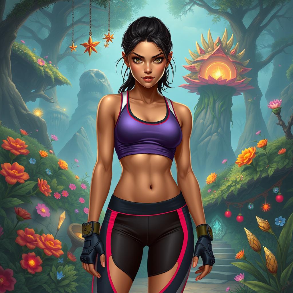 In the DnD art style, a thin young adult Latina is depicted in sleek athletic wear that highlights her fit and agile form