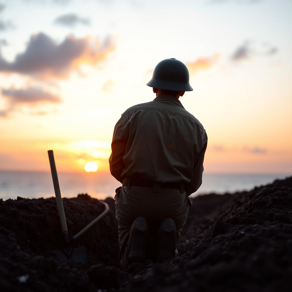 A World War II Japanese soldier kneeling with his back to us, diligently digging a trench while watching the sunset sky