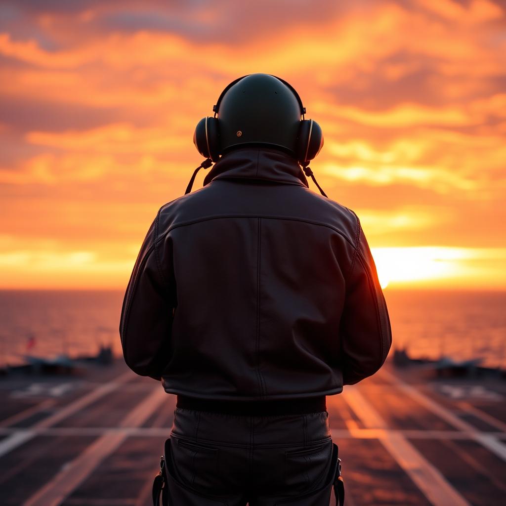 A World War II American pilot standing on an aircraft carrier, gazing at a breathtaking sunset