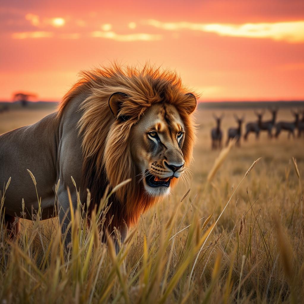 A majestic lion hunting in the savannah, showcasing its powerful build and intense focus