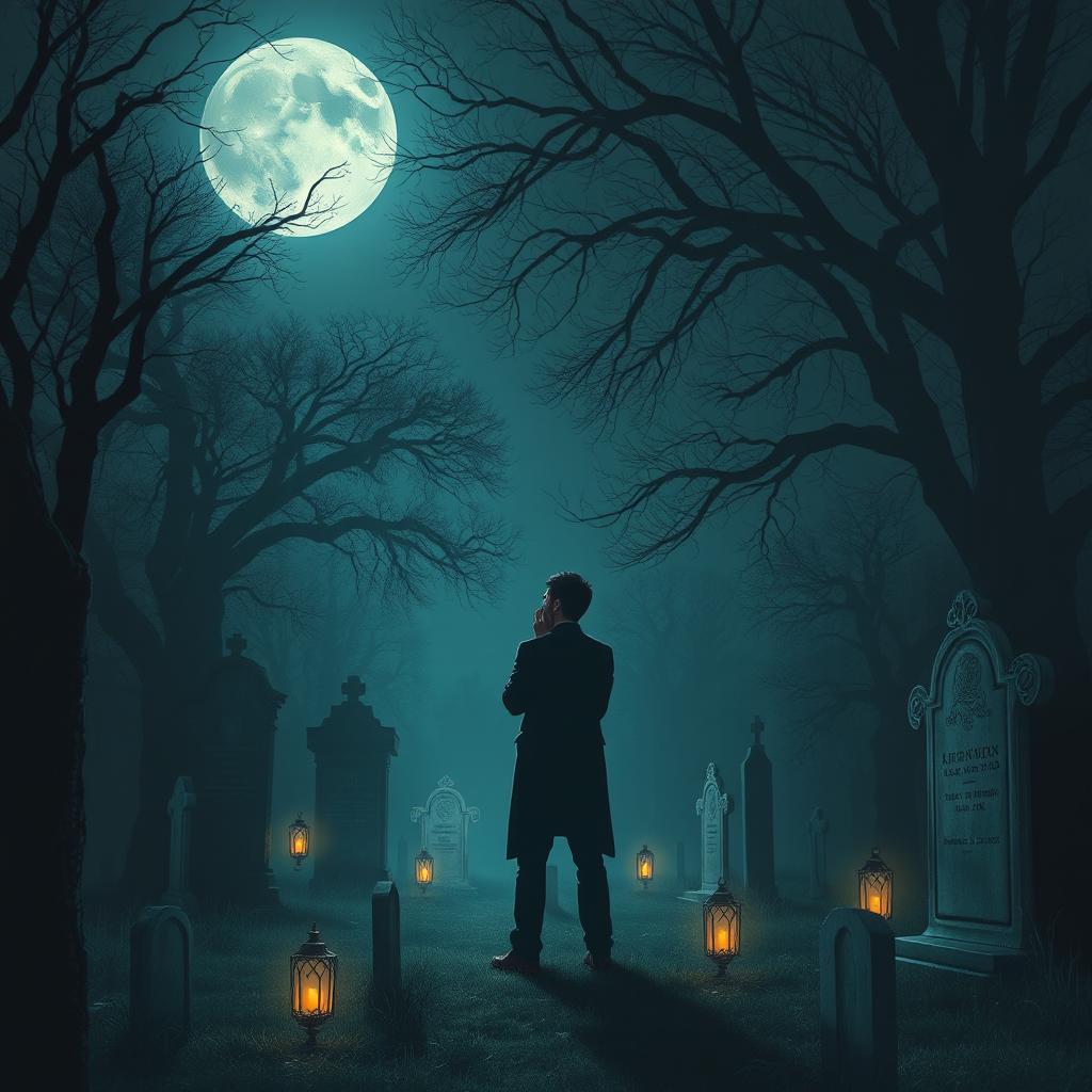A single man crying in a dark cemetery, surrounded by ancient tombstones and softly glowing lanterns, the moonlight casting an ethereal glow over the scene, conveying a deep sense of sorrow and loneliness, with shadowy trees swaying gently in the background, adding to the melancholic atmosphere