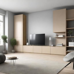 A well-organized TV wall with a TV of 110 cm at center, on a wall of 260 cm, and a closet of 180 cm width to its right. The full wall height is 240 cm.