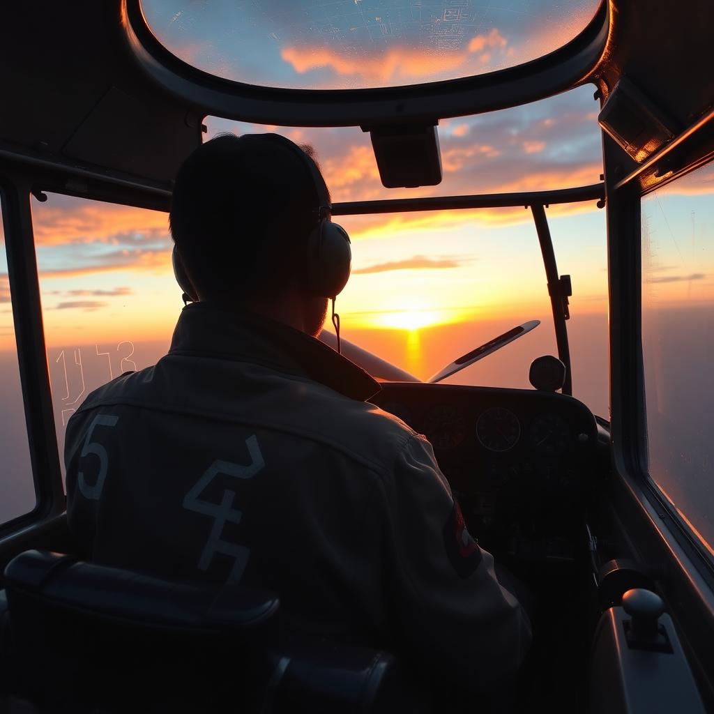 A World War II Japanese pilot inside the cockpit of a Mitsubishi Zero aircraft, with his back to us, piloting above the ocean while watching a beautiful sunset