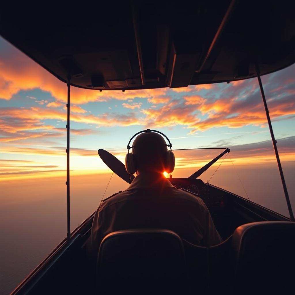 A World War II Japanese pilot inside the cockpit of a Mitsubishi Zero aircraft, with his back facing us, piloting above the ocean during a stunning sunset