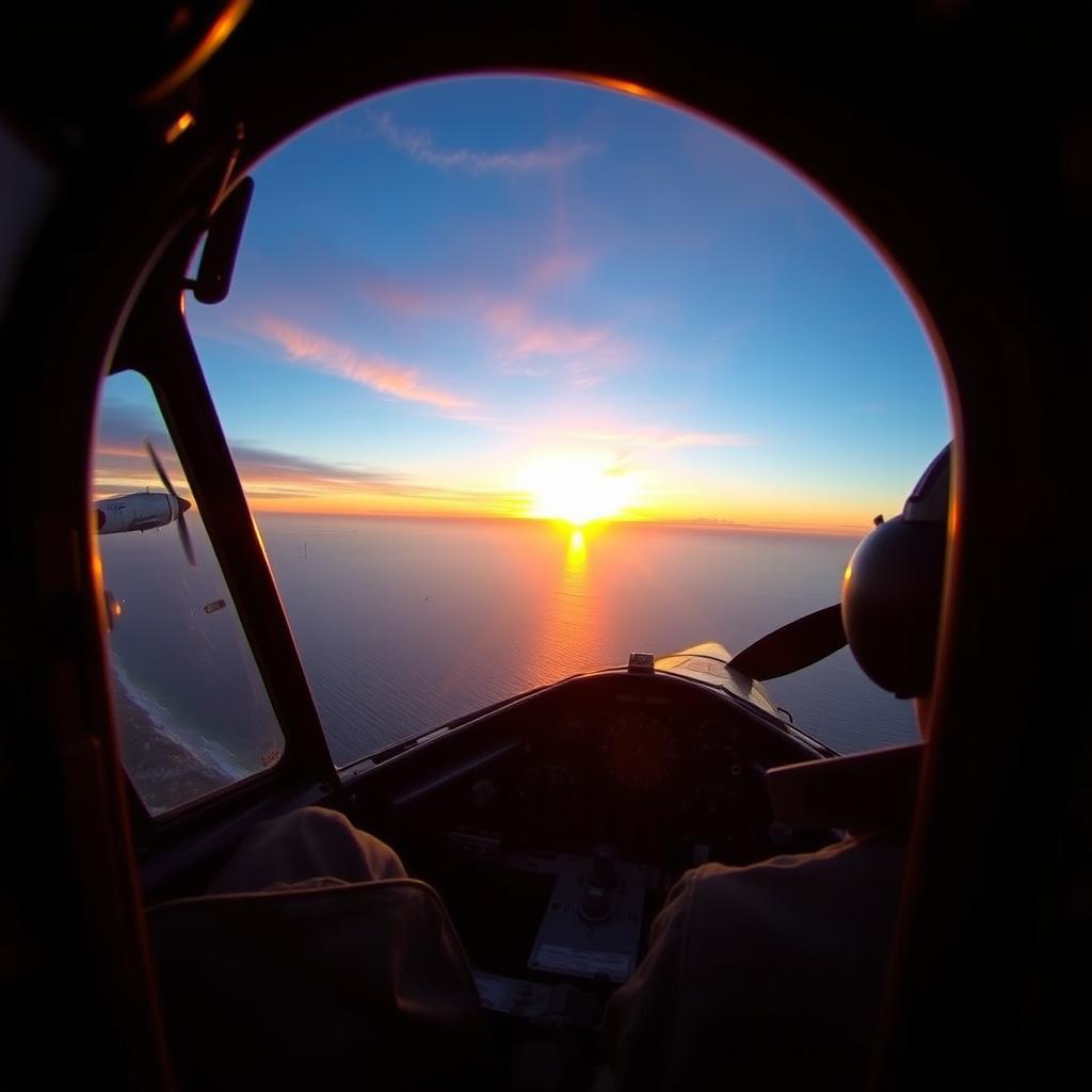 A World War II Japanese pilot piloting a Mitsubishi Zero aircraft, seen from the side of the cockpit, with his back to us as he watches a stunning sunset over the ocean