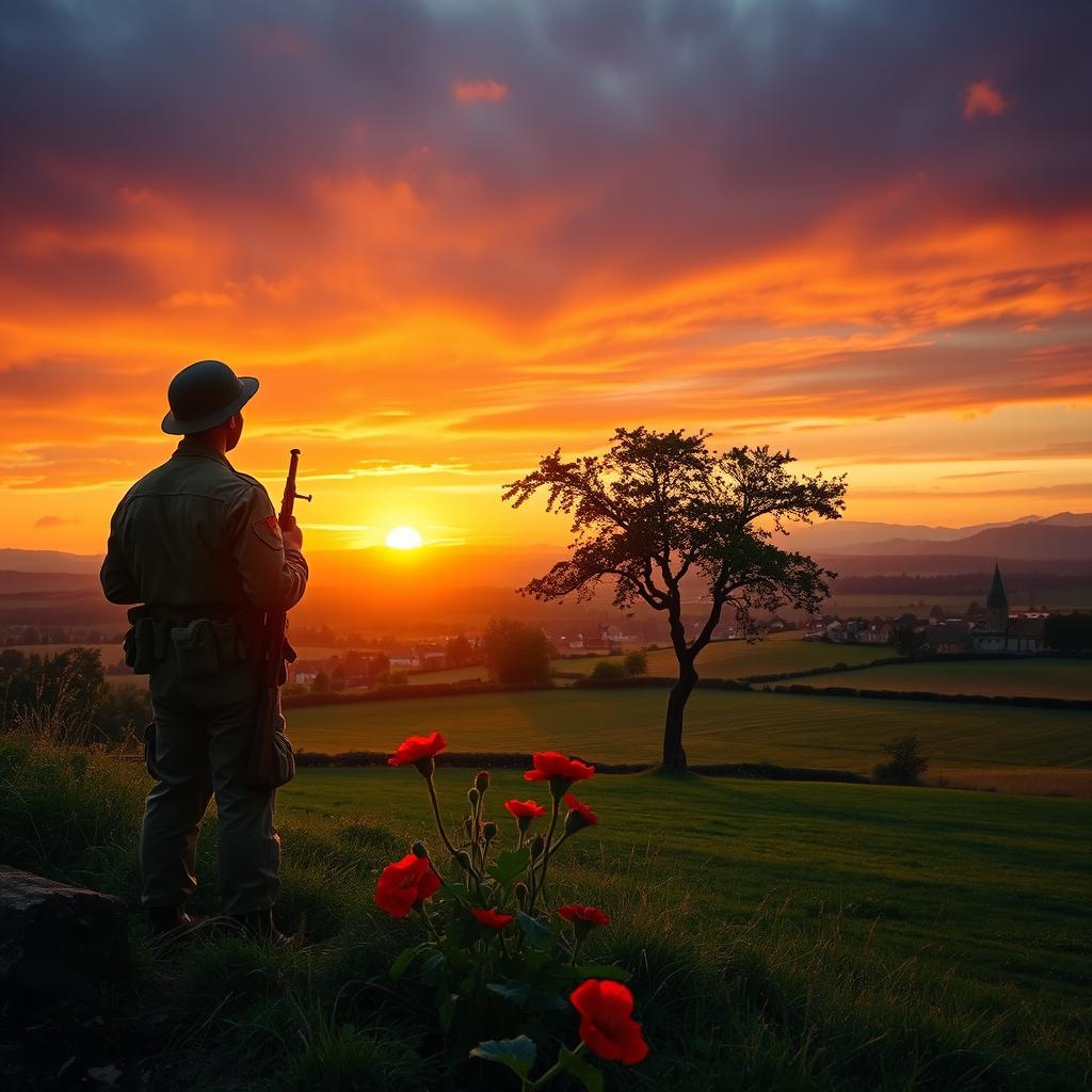 A World War II American soldier standing on a hill, facing away from us, overlooking a village and a lush meadow