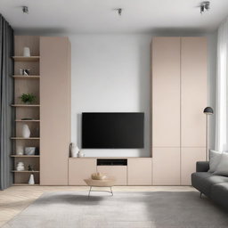A well-organized TV wall with a TV of 110 cm at center, on a wall of 260 cm, and a closet of 180 cm width to its right. The full wall height is 240 cm.