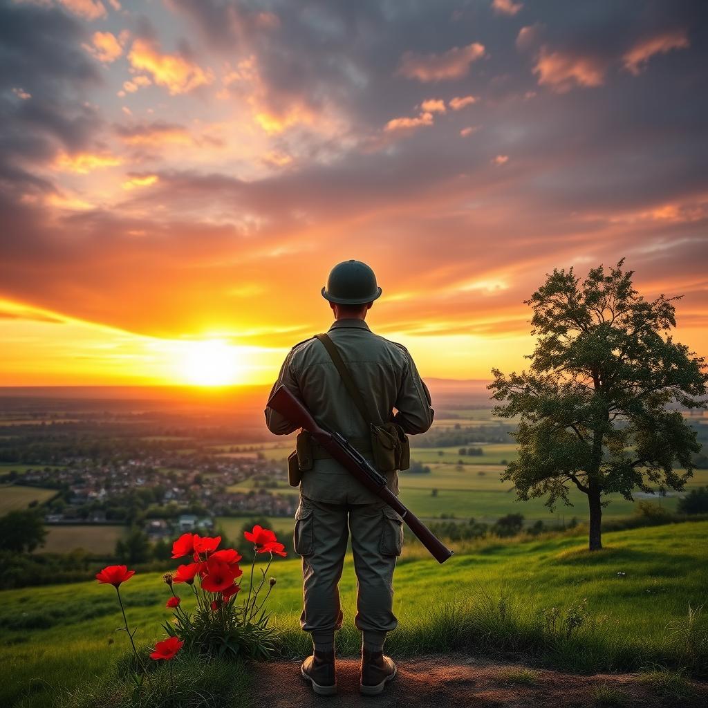 A World War II American soldier standing on a hill, facing away from us, overlooking a village and a lush meadow