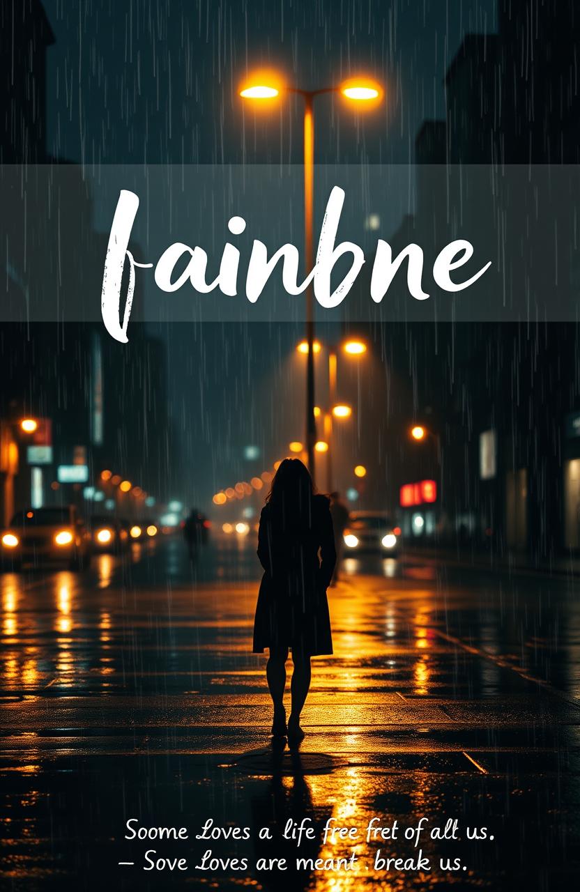 A melancholic night scene in a rain-soaked cityscape featuring glowing streetlights reflecting off wet pavement