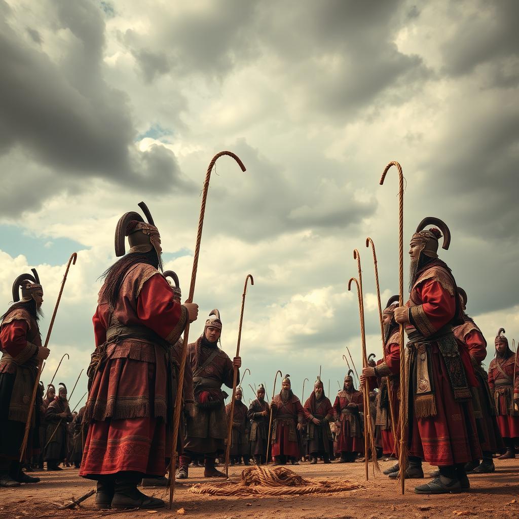 An evocative historical scene illustrating the use of whips not only as tools of authority but also as measuring instruments for the height of sacrificial victims during the Mongol era