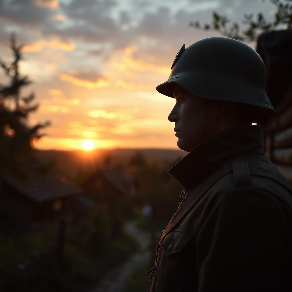 A World War II Russian soldier in summer, standing in a village and watching a beautiful sunset