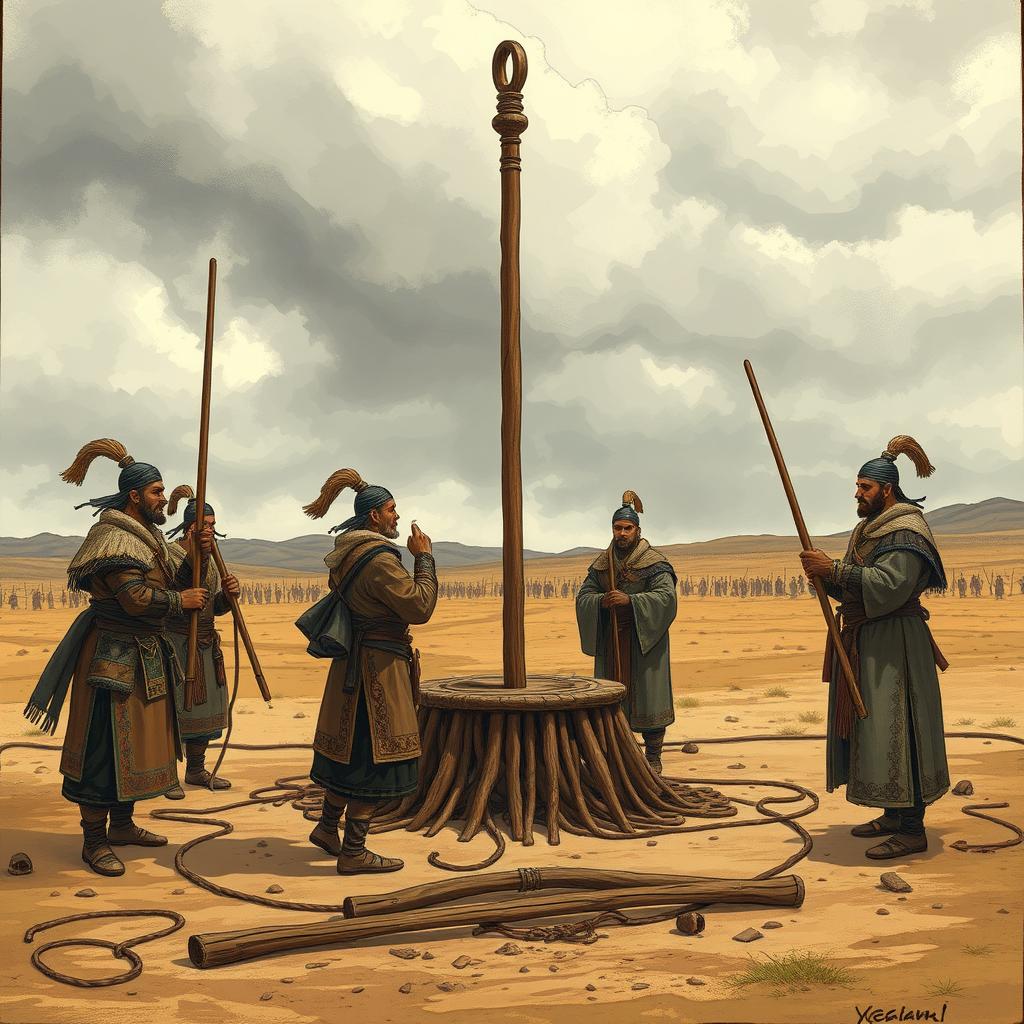 An illustration capturing a historical moment during the Mongol era, where whips were used to measure the height of sacrificial victims