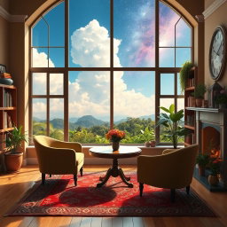 A cozy imaginary room with a large window showcasing a changing view of either a vibrant jungle, fluffy clouds, or a stunning galaxy, creating a dreamlike atmosphere