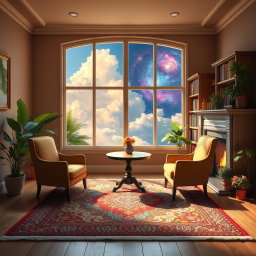 A cozy imaginary room with a large window showcasing a changing view of either a vibrant jungle, fluffy clouds, or a stunning galaxy, creating a dreamlike atmosphere