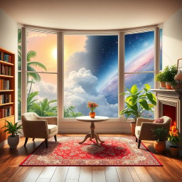 A cozy imaginary room with a large window showcasing a changing view of either a vibrant jungle, fluffy clouds, or a stunning galaxy, creating a dreamlike atmosphere