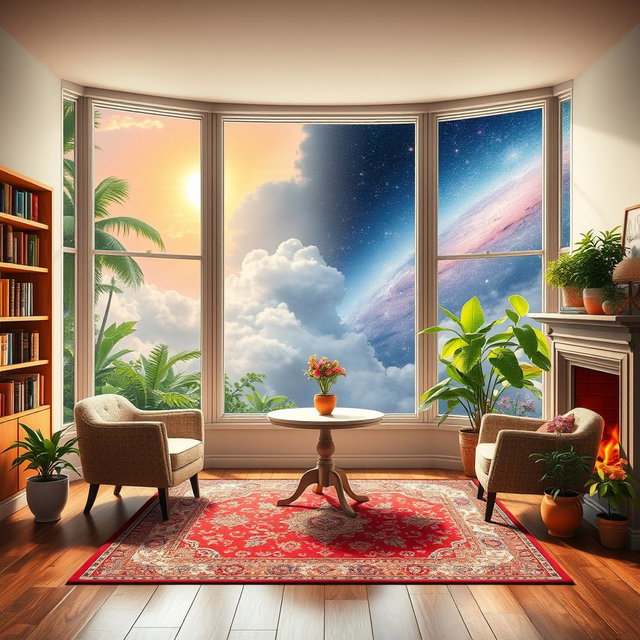 A cozy imaginary room with a large window showcasing a changing view of either a vibrant jungle, fluffy clouds, or a stunning galaxy, creating a dreamlike atmosphere